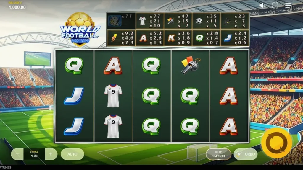 World Football Fortunes slot machine interface with football theme