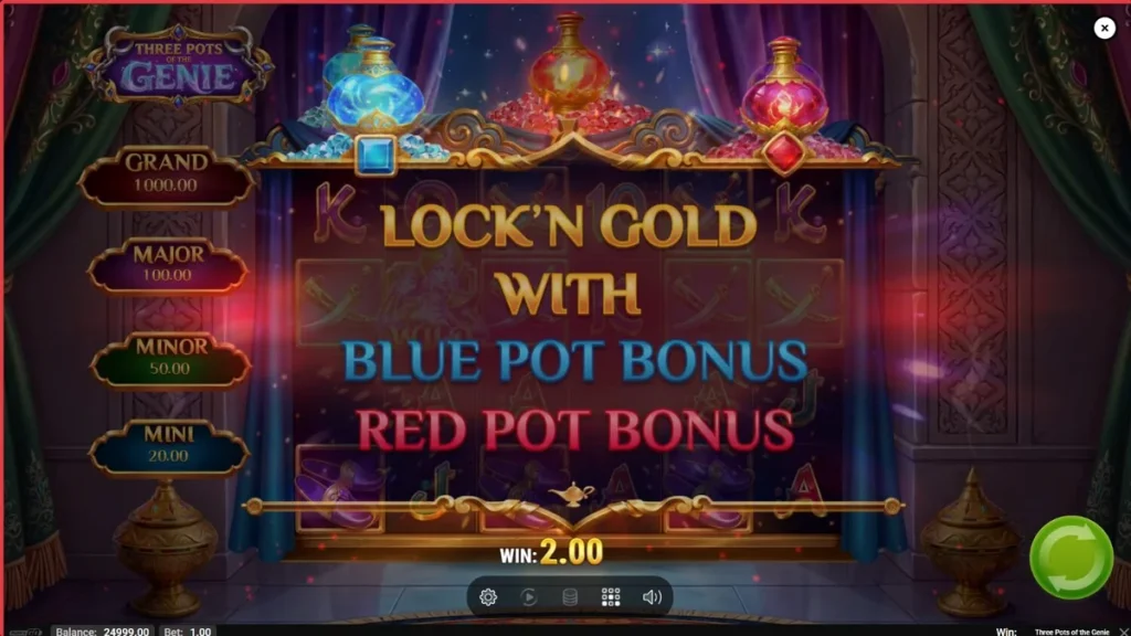 Tampilan visual slot Three Pots of the Genie dengan nuansa gurun dan lampu ajaib